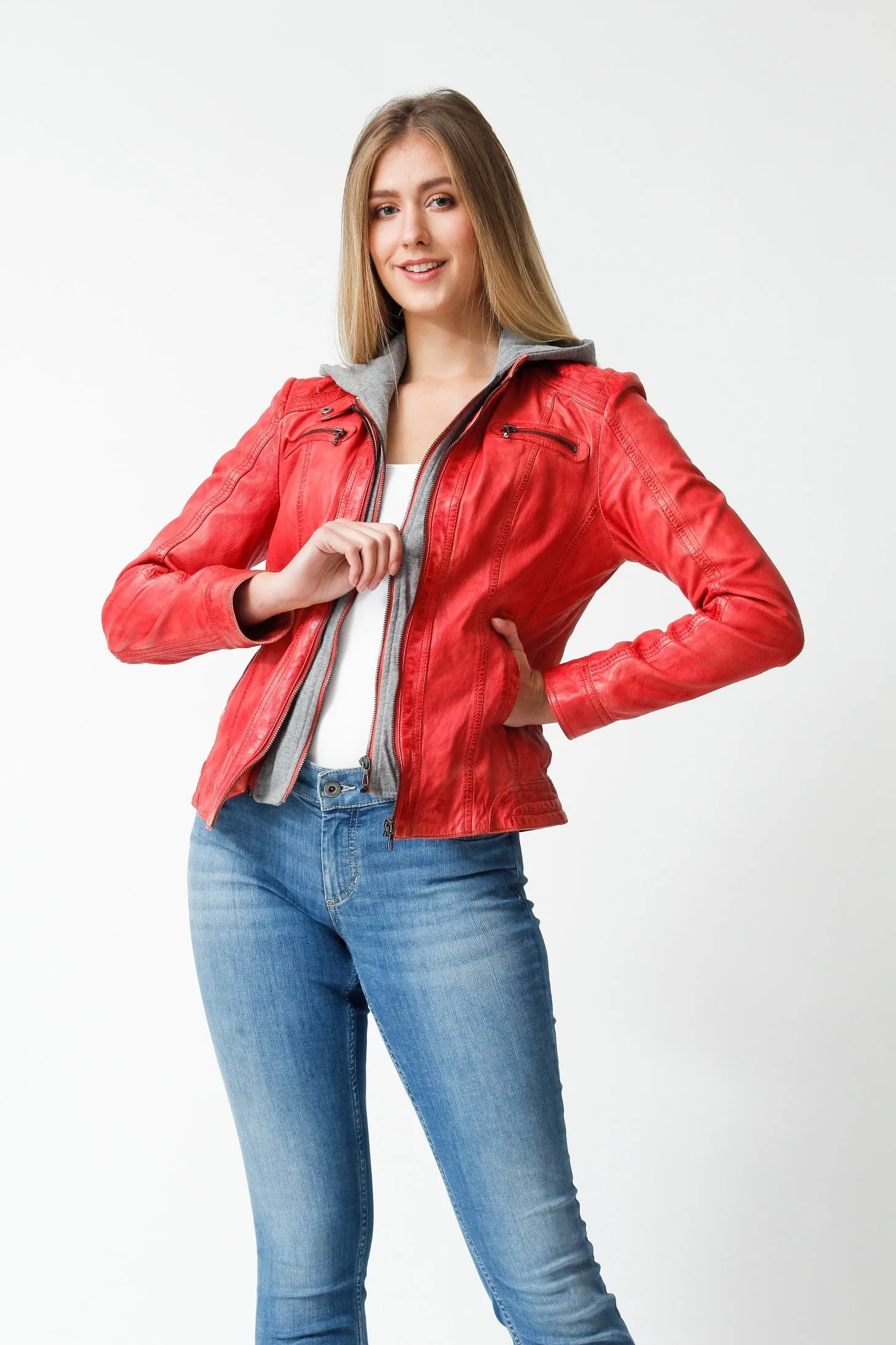 Kurze Damen Lederjacke mit Kapuze