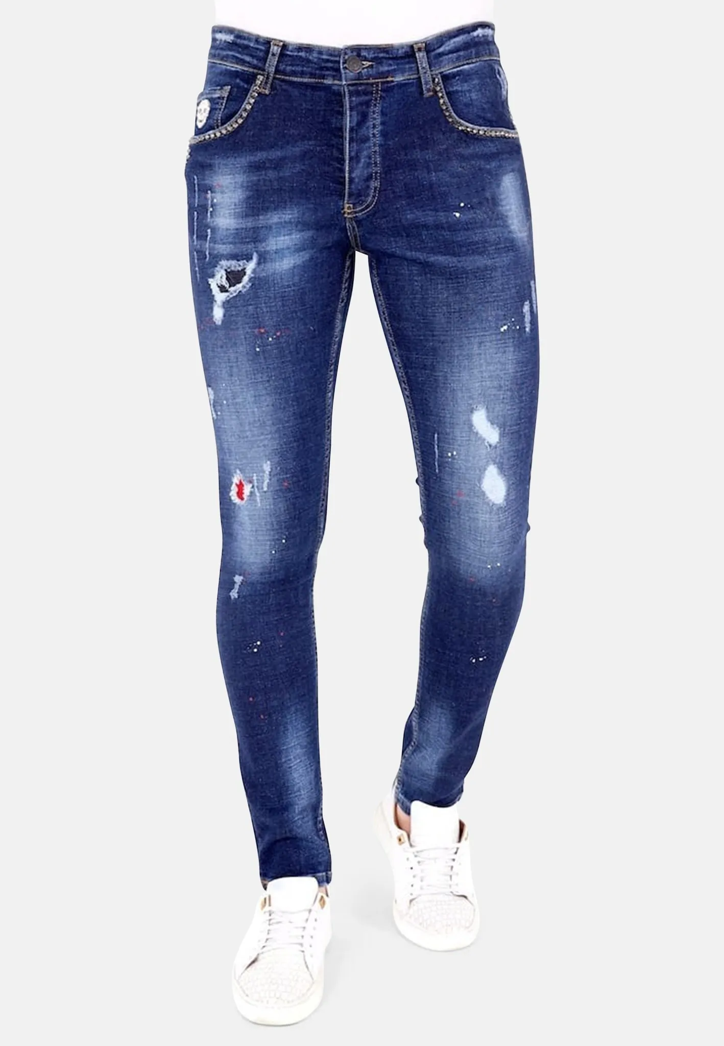 Luxus Jeans Herren mit Farbspritzern und Nieten - 1025 - Blau