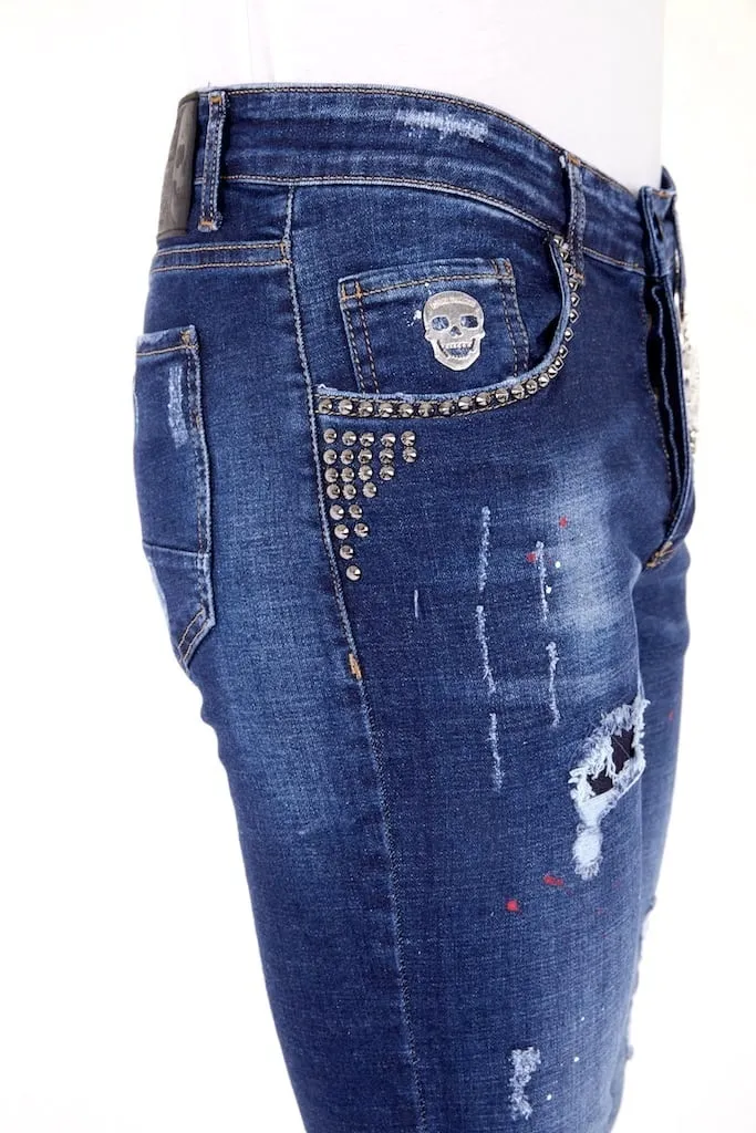 Luxus Jeans Herren mit Farbspritzern und Nieten - 1025 - Blau