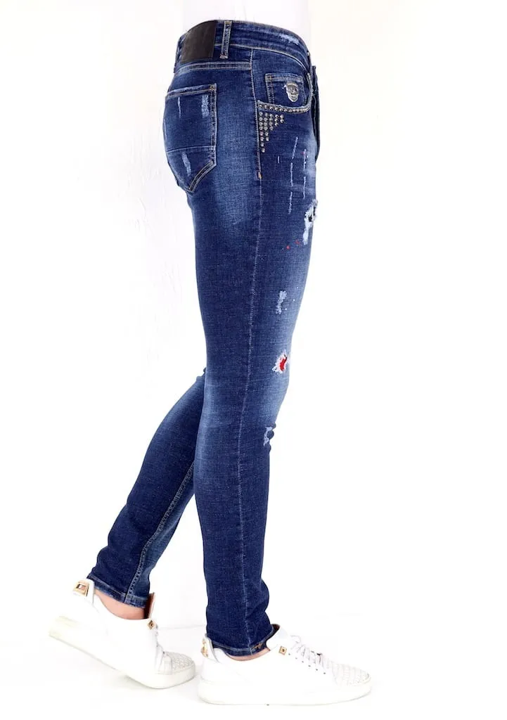 Luxus Jeans Herren mit Farbspritzern und Nieten - 1025 - Blau