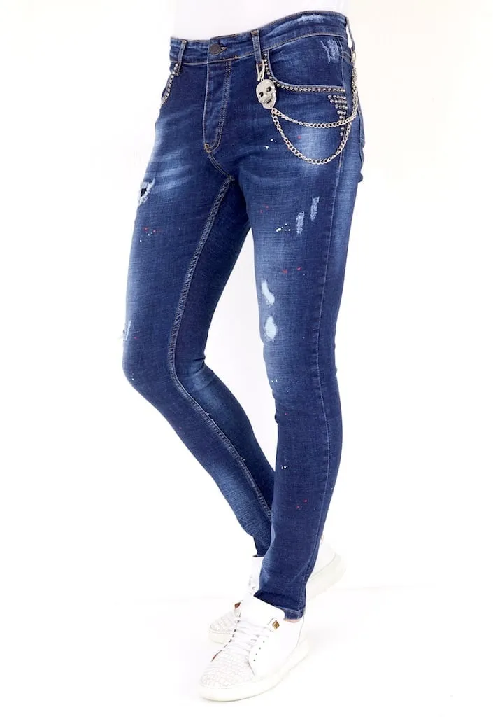 Luxus Jeans Herren mit Farbspritzern und Nieten - 1025 - Blau