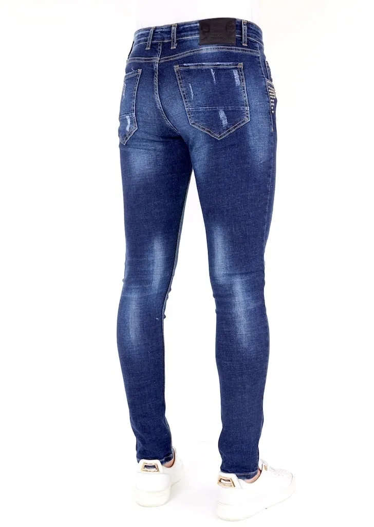 Luxus Jeans Herren mit Farbspritzern und Nieten - 1025 - Blau