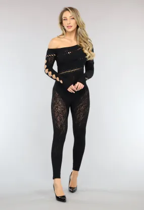 Schwarzer One Shoulder Catsuit mit langen Ärmeln
